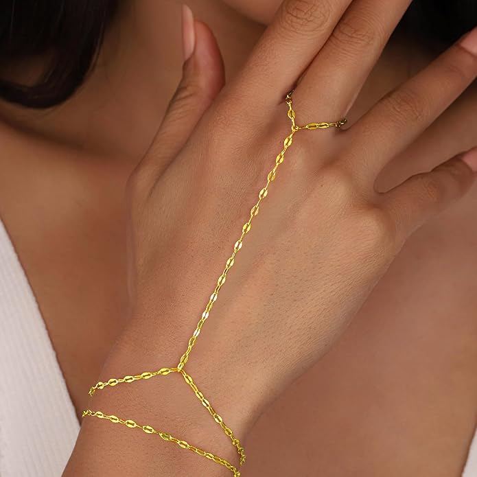 Yoosteel Hand Chain Bracelet for Women - Valentines Gifts Dainty 14K-Gold-Plated Finger Ring Hand Chains Layered Trendy Link Bracelets Jewelry Gift for Women