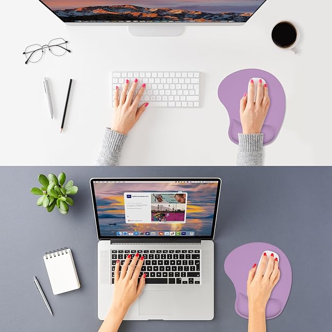 ITNRSIIET Ergonomic Mouse Pad, Cushioned Gel Wrist Rest, Non-Slip Base, Smooth Surface, Compatible with All Mice for Office & Gaming, Desk Accessory, 9.5 x 8.2 inch, Lavender Purple