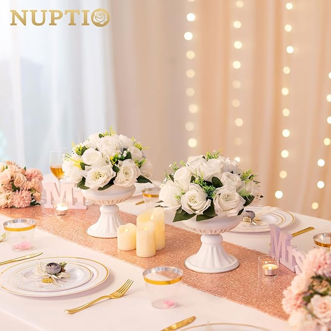 NUPTIO Pcs of 2 Fake Flower Ball Arrangement Bouquet,15 Heads Plastic Roses with Base, Suitable for Our Store's Wedding Centerpiece Flower Rack for Parties Valentine's Day Home Décor