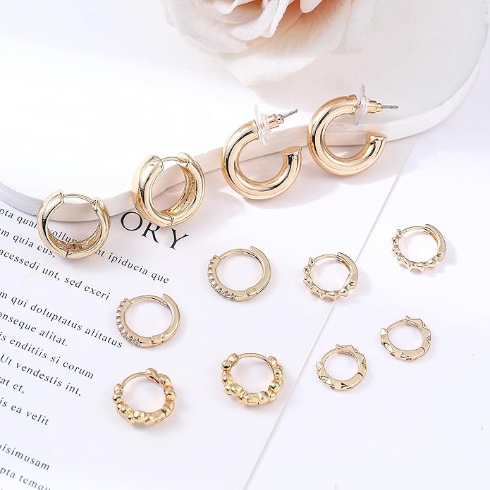 6 Pairs Gold Hoop Earrings Set for Women, 14K Gold Plated Small Huggie Hoops Earrings Hypoallergenic, Lightweight Tiny Cartilage Piercings Earrings Jewelry for Women Gifts.