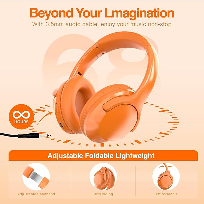 MIDOLA Bluetooth Headphones Over Ear 68H Playtime 6 EQ Wireless Headset with Microphone HiFi Stereo Foldable Lightweight Deep Bass for Travel Home Office Cellphone Orange