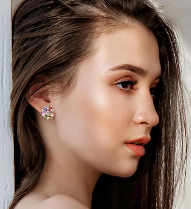 VONSSY Colorful Snowflake Pendant Necklace Earrings Rose Gold 5A Cubic Zirconia | Crystal Sweater Chain | Multi Gemstone Garnet Amethyst Morganite Peridot Prom Rhinestone Necklaces for Women Vintage Stylish Gift