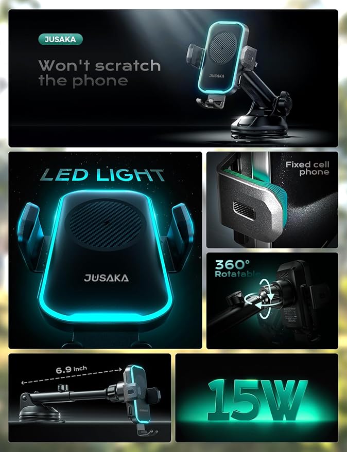 Wireless Car Charger, 15W Fast Charging Auto Clamping Car Phone Holder Mount, [Vent Clip+Suction Cup] Car Phone Holder Wireless Charger with iPhone 16/15/14/13, for Samsung Galaxy Series