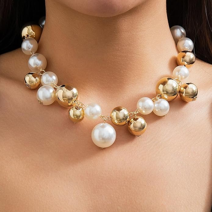 Chunky Pearls Statement Choker Necklace for Women,14K Gold Large Beaded Punk Ball Cluster Collar Necklace Party Dainty Jewelry Gift