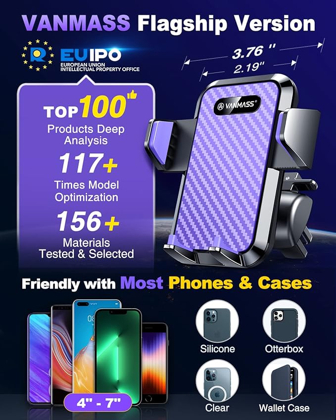 VANMASS [2024 Upgrade Phone Holders for Your Car [Super Suction Cup] Cell Phone Mount Car DashWindow Vent Desk Fit for iPhone 15 Pro Max 14 13 Universal Handsfree Automobile Vehicle Cradle，Purple