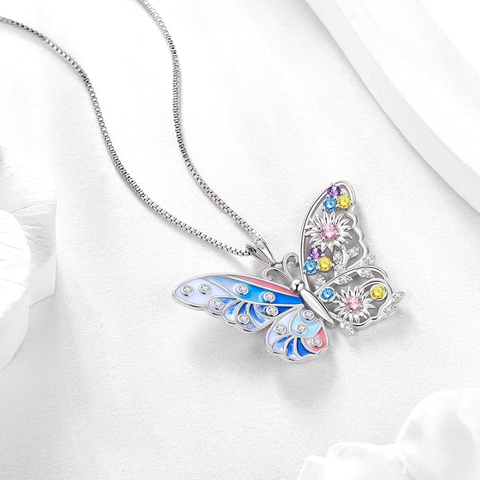 Aurora Tears 925 Sterling Silver Butterfly Flower Pendant Necklace - Colorful Enamel Zircon Adjustable Chain Jewelry Gift for Women Her
