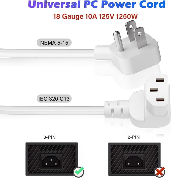Adoreen 10 Ft Computer TV Replacement Power Cord White, Low Profile Flat Plug to 90 Degree Angled L-Shaped 18AWG 3-Prong AC Universal Power Supply Cable for Printer, PC, Monitor TV LCD, ETL+Ties