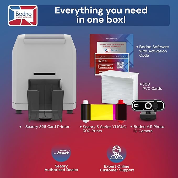 Bodno Seaory S26 Single Sided ID Card Printer & Complete Supplies Package ID Software and Camera - Gold Edition