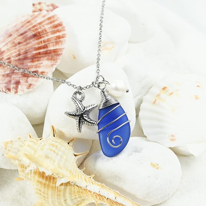 Sea Glass Necklace, Wire Wrapped Beach Necklaces, Sea Glass Jewelry, Handmade Blue Beach Jewelry for Women Trendy