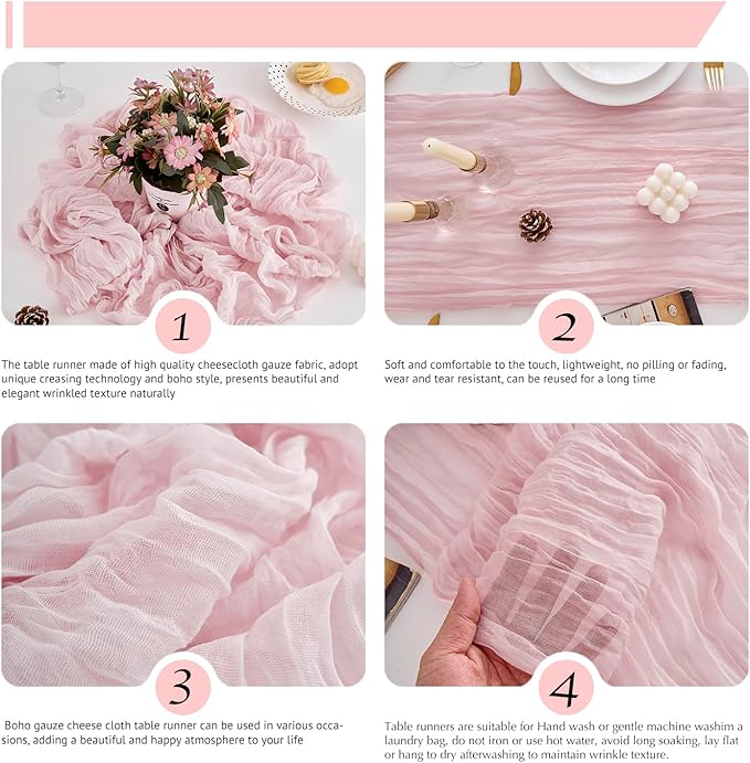 10 Pack Light Pink Table Runner 120 Inch Cheesecloth Table Runner 10FT Boho Gauze Table Runner Long Cheese Cloth Table Runner Semi Sheer Runners for Wedding Bridal Baby Shower Party