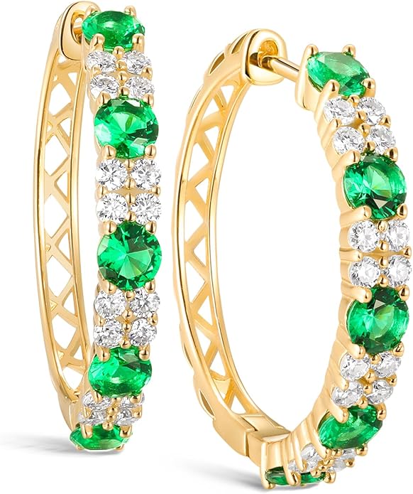 Women's Huggie Hoops with Birthstone 925 Sterling Silver Huggie Stud Hypoallergenic 14K Gold Plated Moissanite Earrings -Emerald Sapphire Ruby Hoop Earrings, Size 20 25mm
