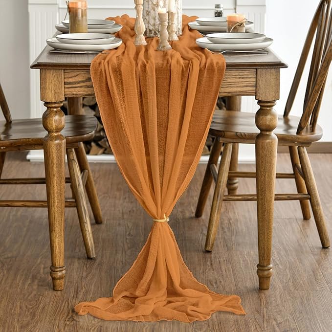 Artoid Mode Boho Orange Gauze 6 Pieces Wedding Table Runner, 120 Inch Birthday Fabric Kitchen Dining Holiday Table Decor for Home Party Indoor
