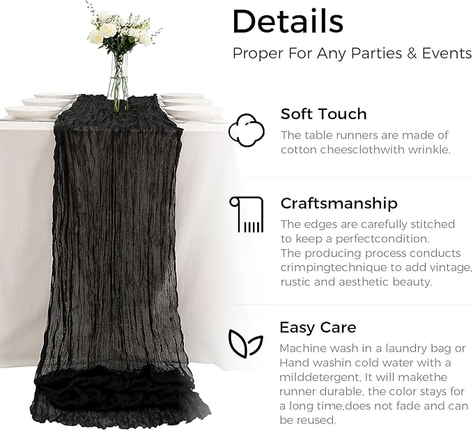 10 PCS Pack Black Cheesecloth Table Runner 10ft Boho Gauze Fabric Cheese Cloth Table Runner Comes with 10 Cloth Napkins Runner for Romantic Wedding Birthday Shower Party Table Decoration