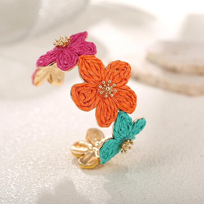 Raffia Flower Cuff Bracelet for Women, Floral Chunky Bangle Wide Open Cuff Statement Bracelet