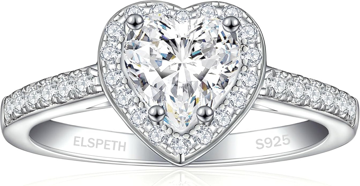Elspeth 925 Sterling Silver Heart Engagement Ring for Women Heart Cut Cubic Zirconia Promise Ring Size 4-10