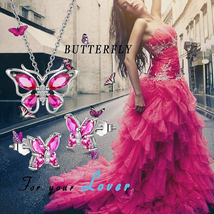 925 Sterling Silver Birthstone Butterfly Jewelry Women Crystal Animal Cute Butterflies Birthday Necklace/Earring/Ring/Bracelet Sets Birth Stone Statement Anniversary Jewellery