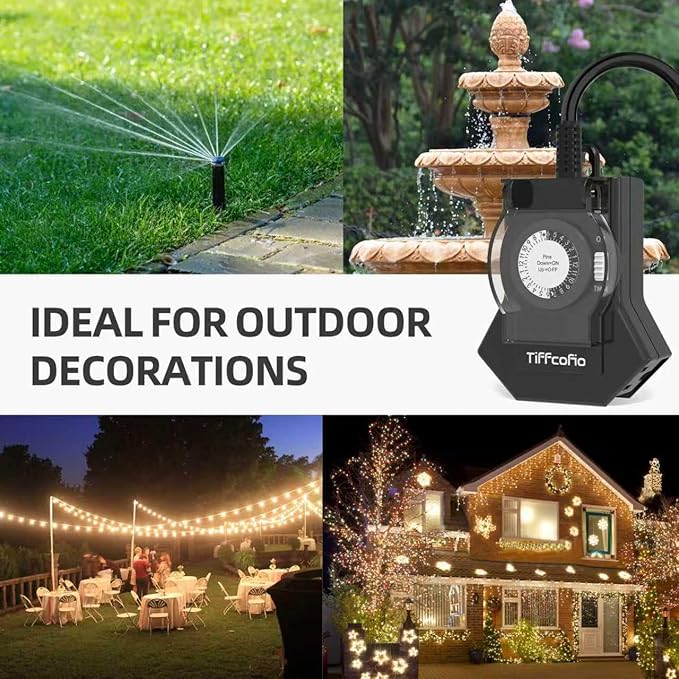 Outdoor Timer Outlet Waterproof, 24 Hour Mechanical Light Timer Outdoor, 2 Grounded Outlets for Home and Garden, 15A 1/2HP, Heavy Duty, ETL Listed (2 Packs)