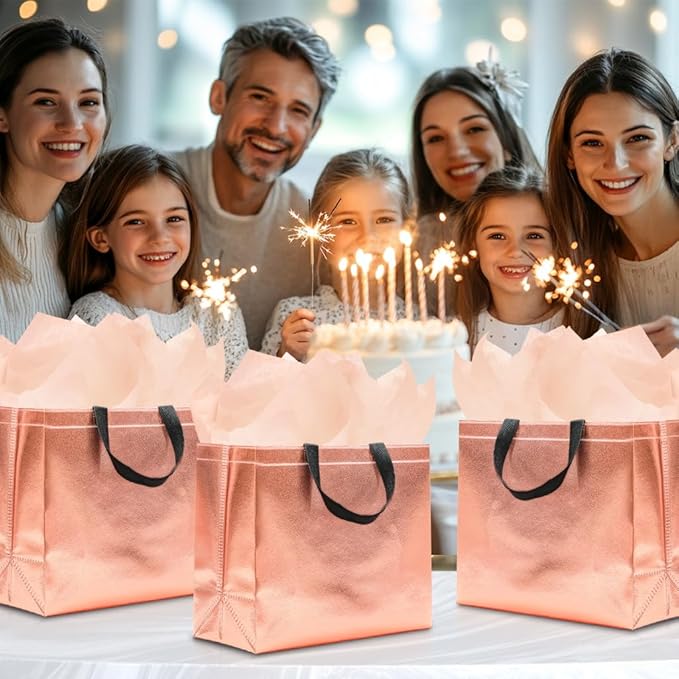 KeerxunBag 12Pcs Reusable Gift Bags（Includes Tissue Paper） Gift bag with handle Birthdays Parties Holidays Weddings Medium 13x5x11in Rose Gold Bags