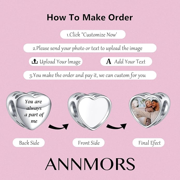 Annmors Personalized Photo Charms For Bracelets/Necklace 925 Sterling Silver Love Heart Shaped Engraved Customize Picture Gift for Birthday Mother's Day,Bead Charms Jewelry for Women