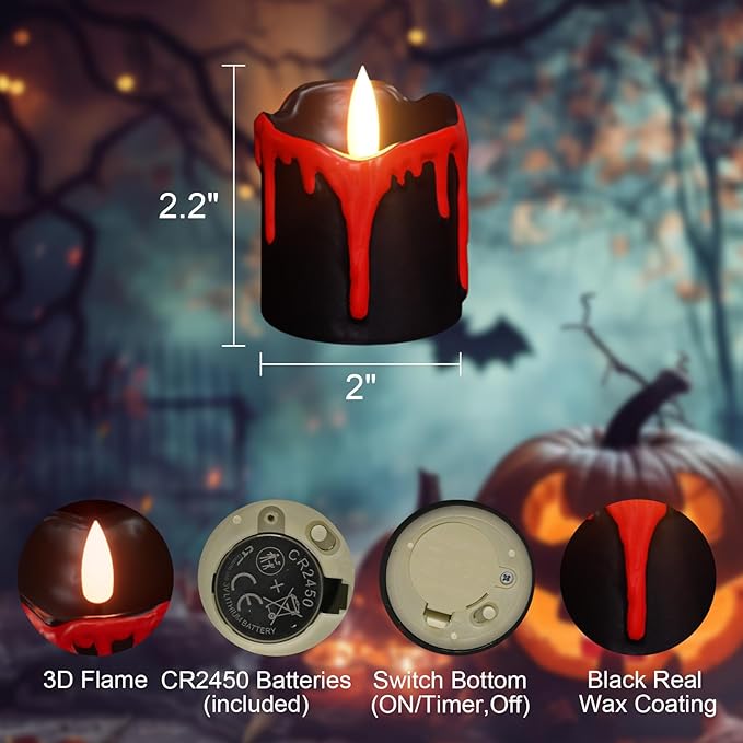 GenSwin Halloween Black LED Votive Candles with Long Lasting CR2450 Batteries, Votive Flameless Flickering Candles Battery Operated with 6H Timer, 6Pcs Real Wax Black and Red Candle for Home Decor