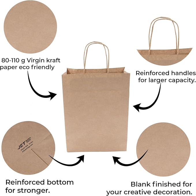 JET PAPER BAGS - 10”x5”x10” Inch [100 Pcs] Brown Paper Bags with Handles Prime for Takeout, Grocery, Goody, Retail, Party, Gifts, Weddings - Recyclable Kraft Paper Gift Bags with Handles