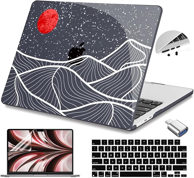 Teryeefi for M3 M2 M4 MacBook Air 13 inch Case 2025 2024 2023 2022 Release A3240 A3113 A2681 Model,Hard Shell Case for MacBook Air 13.6 inch + Keyboard Cover + Type C Adapter, Abstract Mountain-100