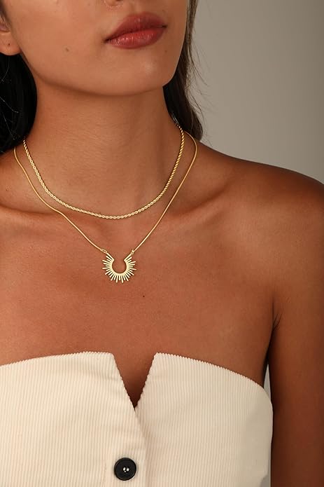 CHESKY Layered Necklaces for Women Trendy, Dainty 14k Gold Plated Pendant Necklace Layering Necklace for Women Non Tarnish Hypoallergenic Sun Gold Necklace Stack Gold Jewelry for Women Gifts
