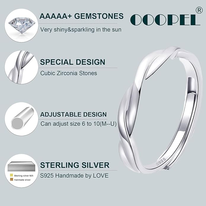 OOOPEL Sterling Silver Adjustable Ring S925 Silver Rings for Women Cubic Zirconia Twist Love Knot Dainty Ring Silver Minimalist Open Finger Rings Silver Thumb Sterling Silver Ring