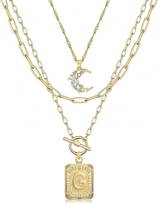 MJartoria Layered Initial Necklaces for Women Trendy, 14K Gold Plated Brass Simple Moon Choker Square Letter Pendant Necklace, Paperclip Chain Necklaces Jewelry Gifts