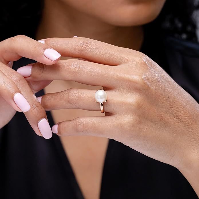 Angara Freshwater Pearl Solitaire Ring for Women | Round Freshwater Cultured Pearl Solitaire Ring in 14K Solid Gold/Silver | June Birthday, Anniversary, Gemstone Jewellery Gift