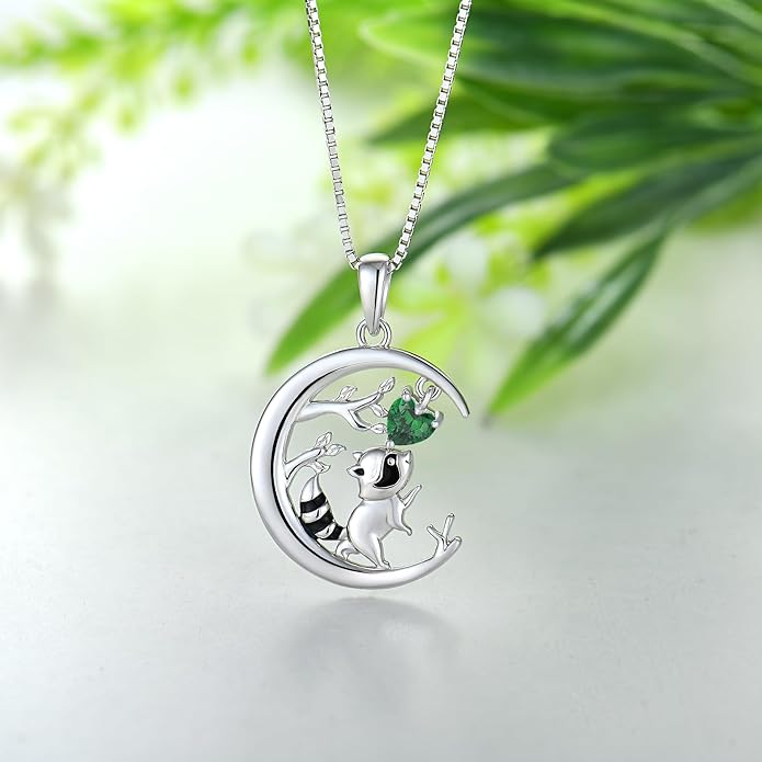 STARCHENIE Raccoon Necklace 925 Sterling Silver Heart Birthstone Pendant Cute Animal Jewelry for Women