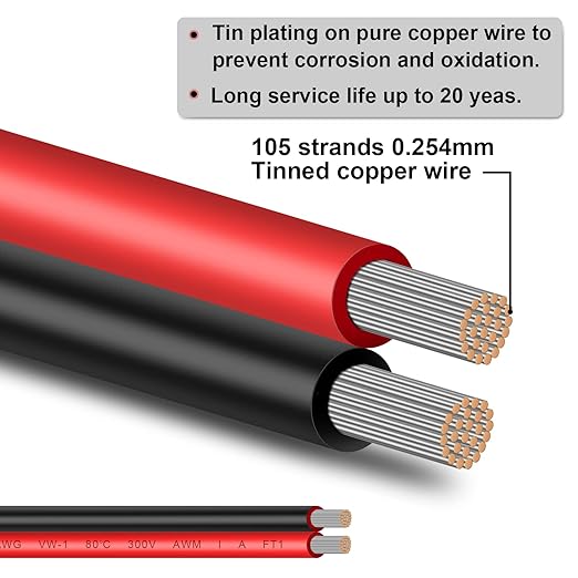 10 Gauge Wire 200FT Tinned Copper Wire-2 Conductor Parallel Wire Insulated Stranded Wire for Solar Panel Car Audio Automotive Low Voltage Electrical Wire for LED Lighting (10AWG 200FT)