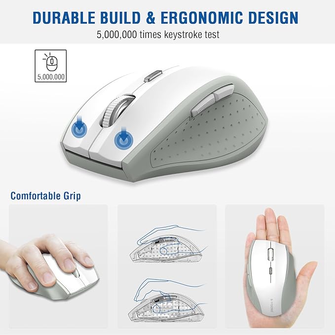 E-YOOSO Wireless Mouse for Laptop, Portable Optical Computer Mouse, 6 Buttons, Cordless 2.4GHz with USB Receiver, 5-Level 4800 DPI, 18 Months Battery Life, for PC, Chromebook, Windows, Mac(White Gray)