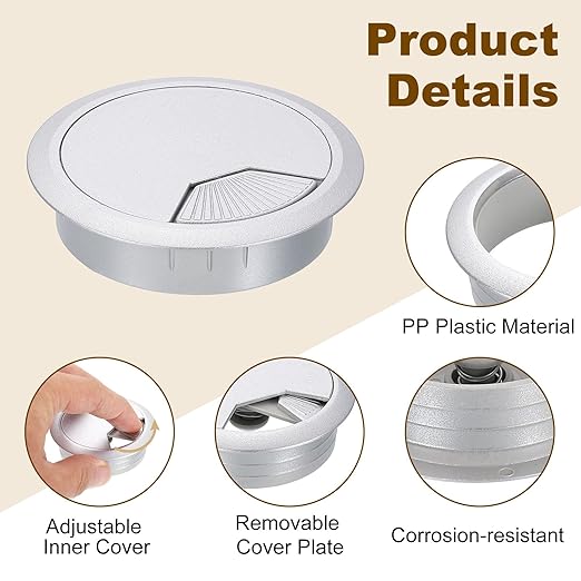 uxcell 6 Pcs 80mm (3.15 Inch) Desk Grommet, Plastic Cable Hole Cover, Wire Cord Cable Organizer for Home Office Computer Desk Cabinet, Silver