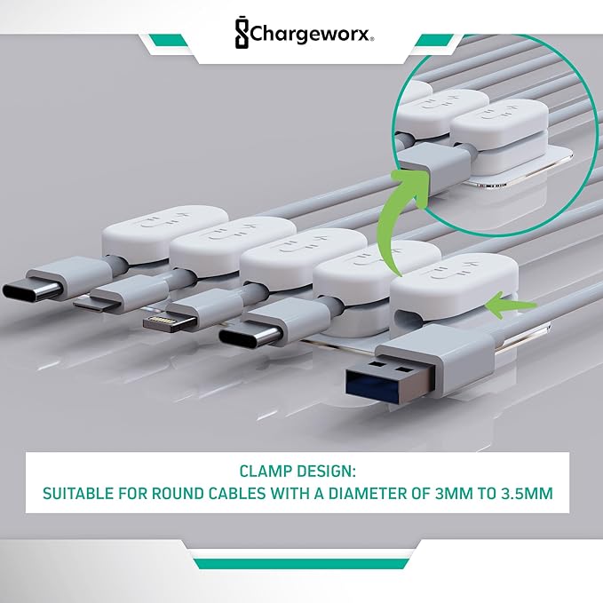 Magnetic Cable Clips [10-Pack] – Chargeworx Cord Organizer for Desk, Nightstand, Car, Wall – Strong Adhesive Wire Holder for USB-C, Lightning, Micro-USB – Tangle-Free, Snap-On, Easy Cable Management