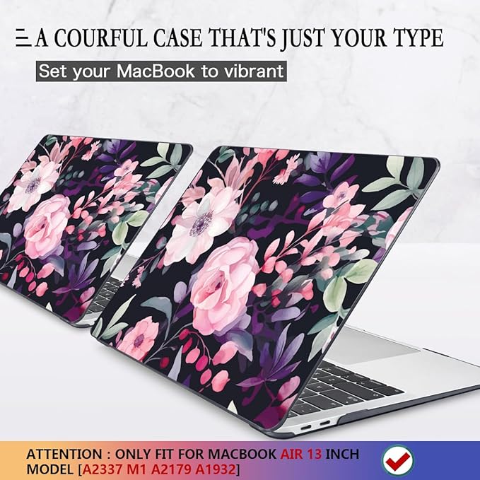 CISSOOK Compatible with MacBook Air 13 inch Case M1 2021 2020-2018 Release Model A2337 A2179 A1932, Flower Plastic Hard Shell Case Black Cover for MacBook Air 13 inch with Touch ID- Pink Flowers