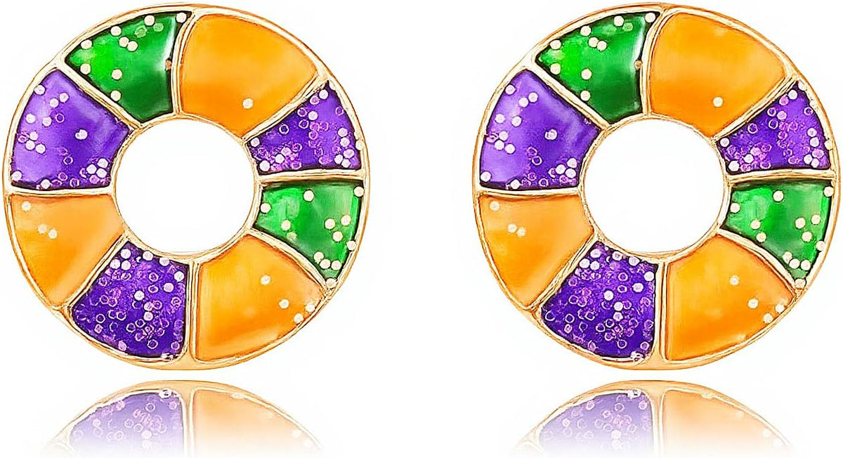 MardiGras Stud Earrings for Women Glitter Delicate Compact Flower Mask Hat Lips Stud Earring Charm Green Purple Gold Carnival Earring Cute MardiGras Jewelry Accessories for Women
