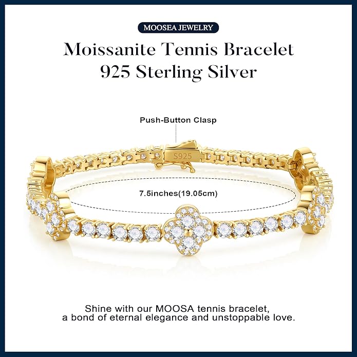 MOOSEA Valentines Day Gifts for Her - Clover Moissanite Tennis Bracelet, Lab Created Moissanite, 6.28-6.68 ct.tw, 925 Sterling Silver Tennis Bracelet for Women Anniversary Birthday Gifts 7.0-7.5INCH