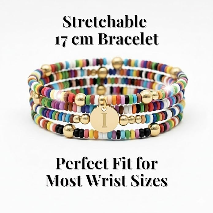 Set of 4 Colorful Bead Initial Bracelets, Personalized Stackable Jewelry, Adjustable Stretchy Charm Bracelets for Women, Beaded Bracelet Set, Trendy Custom Jewelry Gift