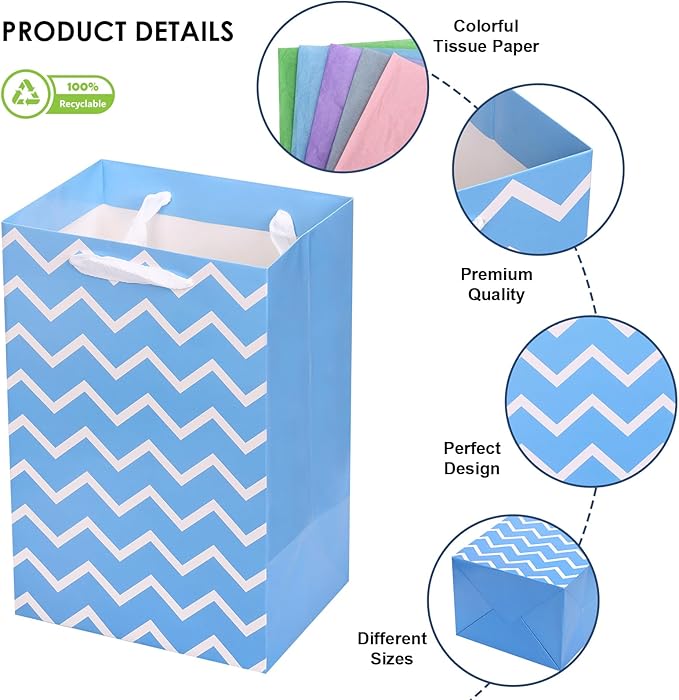OUTUXED 12pcs Paper Gift Bags with Tissue Assorted Sizes Birthday Gift Bags with Different Designs Bulk (5 Medium 9.8", 4 Large 11.8", 3 Extra Large 13.8") for Birthday, Baby Showers, Party, Wedding