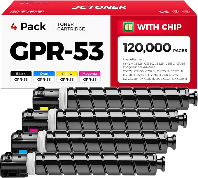 GPR-53 GPR53 Toner Cartridge High Yield Replacement for Canon GPR53 Toner ImageRunner Advance C3325i C3330i C3525i C3530i C3025i C3725i C3730i C3826i C3830i C3835i Printer (Black Cyan Magenta Yellow)