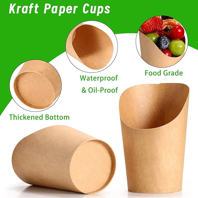 12Oz Charcuterie Cup Set, 100 Pcs Cups with 200 Pcs Coctail Picks, French Fry Holder and Bamboo Knot Skewers, Handheld Party Appetizer Kit, Disposable Kraft Paper Snack Box Container, Take Out Cones