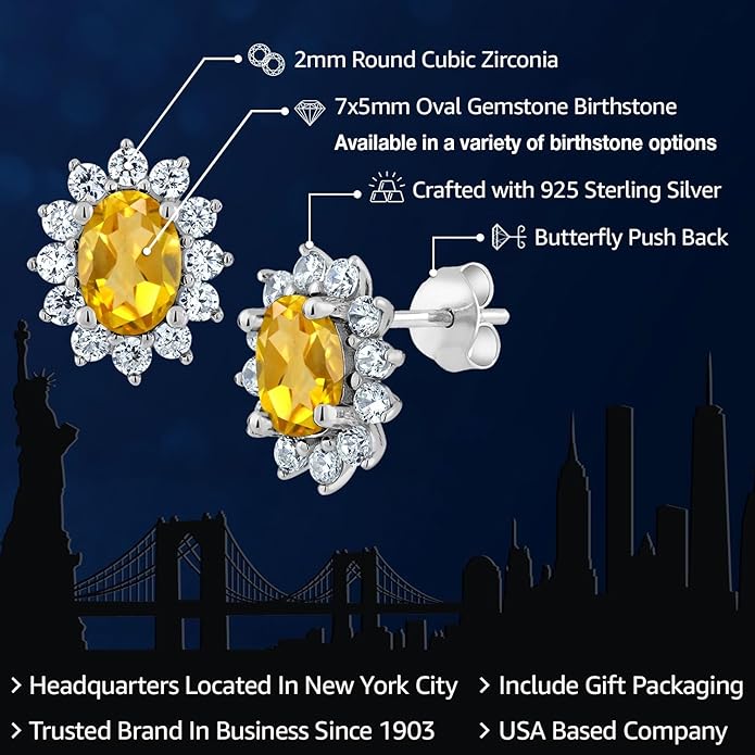 Gem Stone King 7X5MM Oval Gemstone Birthstone Stud Earrings For Women | Princess Diana Royal Halo Style | 925 Sterling Silver | Fine Jewelry Gifts for Anniversary Wedding Her Mom Women Wife
