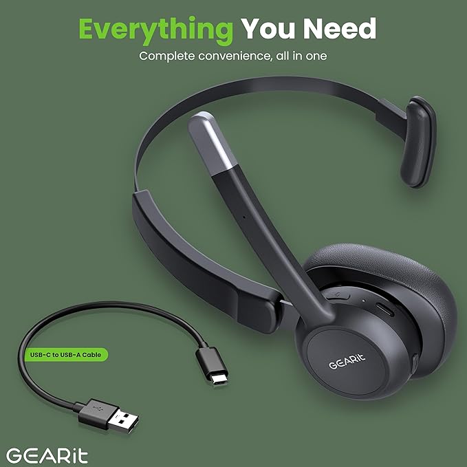 GEARit Wireless Bluetooth Headset with Mic - Multipoint Dual Connect, Noise Cancelling Trucker Headset for Phone Calls - All-Day Talk Time - Headphone with Microphone & Mute Button for Office Work