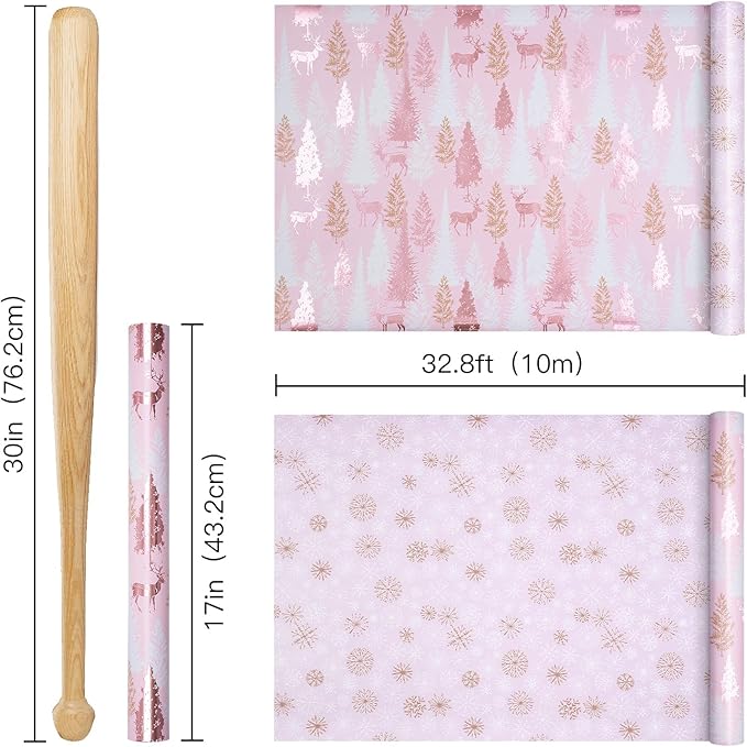 RUSPEPA Reversible Christmas Wrapping Paper Roll, Mini Roll, Rose Gold Foil Pink Reindeer and Tree Design, Pink Snowflake Gift Wrap for Girls, Women, Friends, Xmas Holiday Gifts, 17 Inches x 32.8 Feet