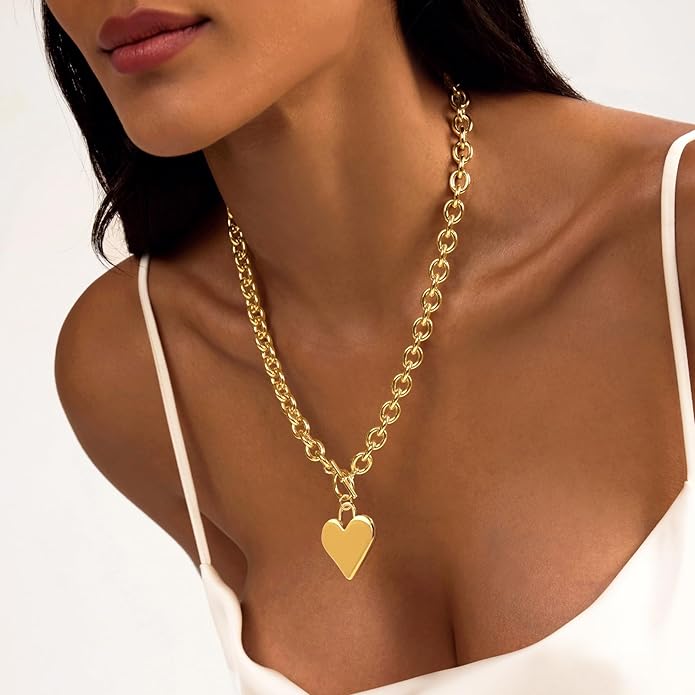 Zeffy 14K Gold/Silver Plated Chunky Thick Chain Toggle Clasp Necklace Dainty Baroque Pearl/Heart/Cross/Turquoise Pendant Necklace