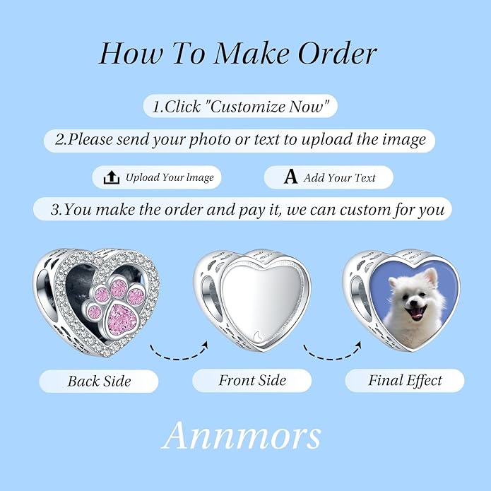 Annmors Personalized Photo Charm for Bracelet Necklaces,925 Sterling Silver Charm Love Heart Shaped Engraved Customize Picture Gift for Birthday Mother's Day Christmas,Bead Charms Jewelry for Women