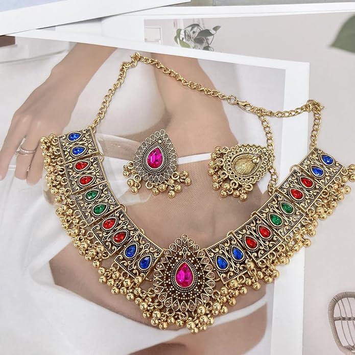 Indian Wedding Bridal Traditional Bohemian Jewellery Set for Women Girls Antique Oxidized Ethnic Party Prom Wear Statement Necklace Earring Tassel Bollywood Choker Punk Crystal Fashion Gift for Bride