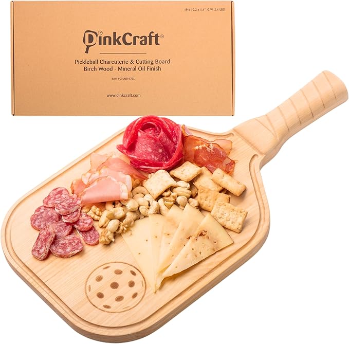 Pickleball Charcuterie & Cutting Board, Pickleball Gift, Partner Size - 17 x 8.5 x 0.75”, Birch Wood, Paddle Shape with Handle, Mineral Oil Finish