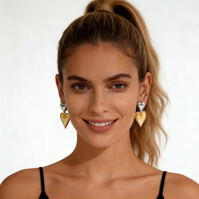 Black/White/Red/Green/Blue/Brown Heart Earrings for Women, Gold Plated Vintage Gold Earrings with Hypoallergenic Posts,Lightweight Black and Gold Dangle Statement Jewelry, Gift for Women—Girlfriend Wife Mom for Wedding, Party, Valentines Day Gifts for Her